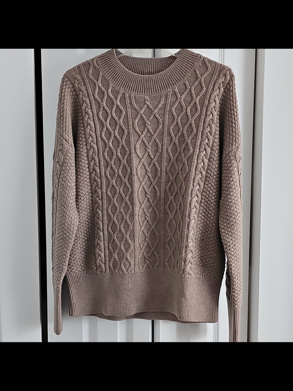 Quince Taupe-Gray Cable Knit Crewneck Sweater, Wool , M